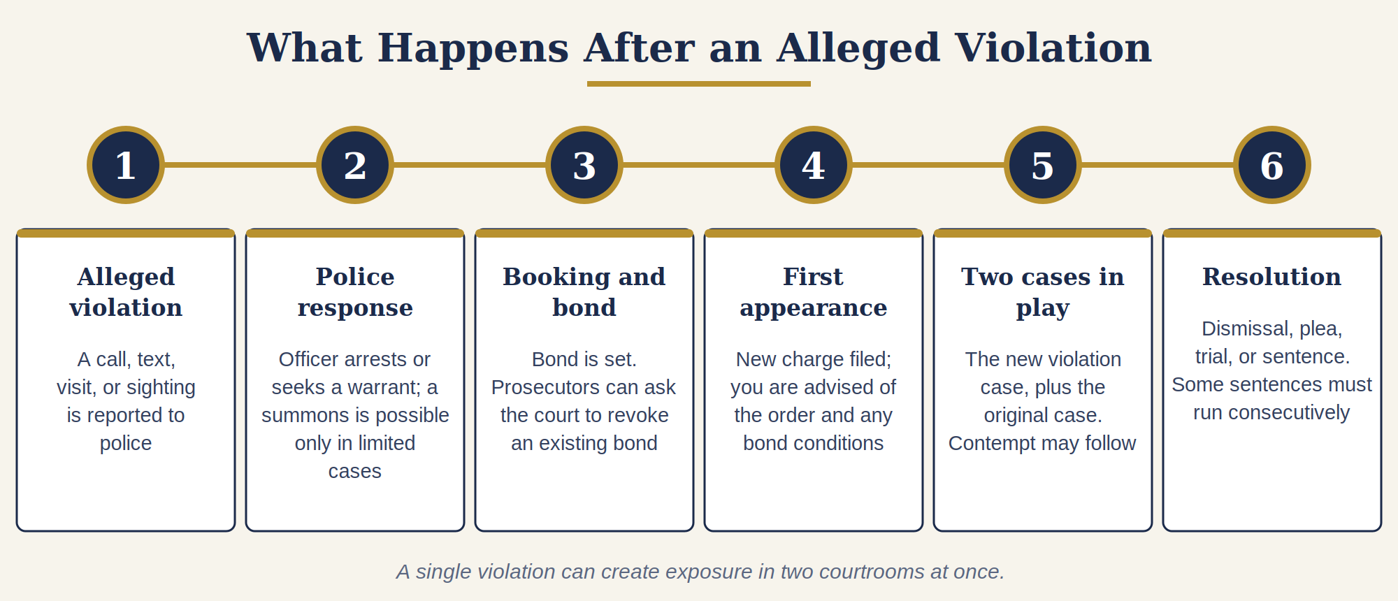 Six steps: alleged violation, police response, booking and bond, first appearance, two cases in play, and resolutio